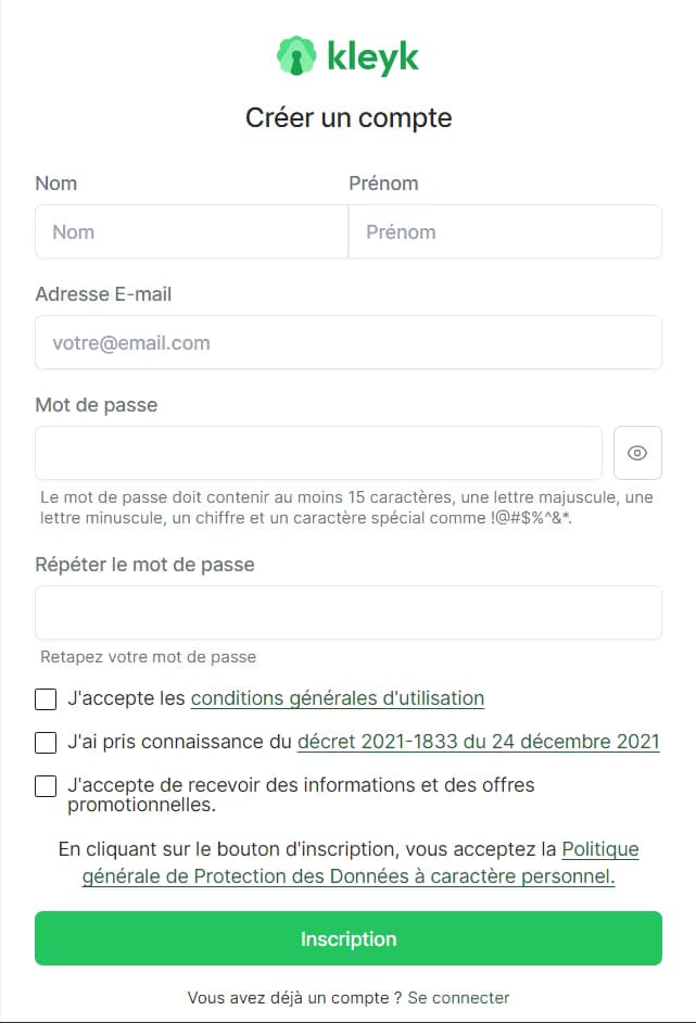Guide d'inscription Kleyk, étape 2 - Remplir le formulaire