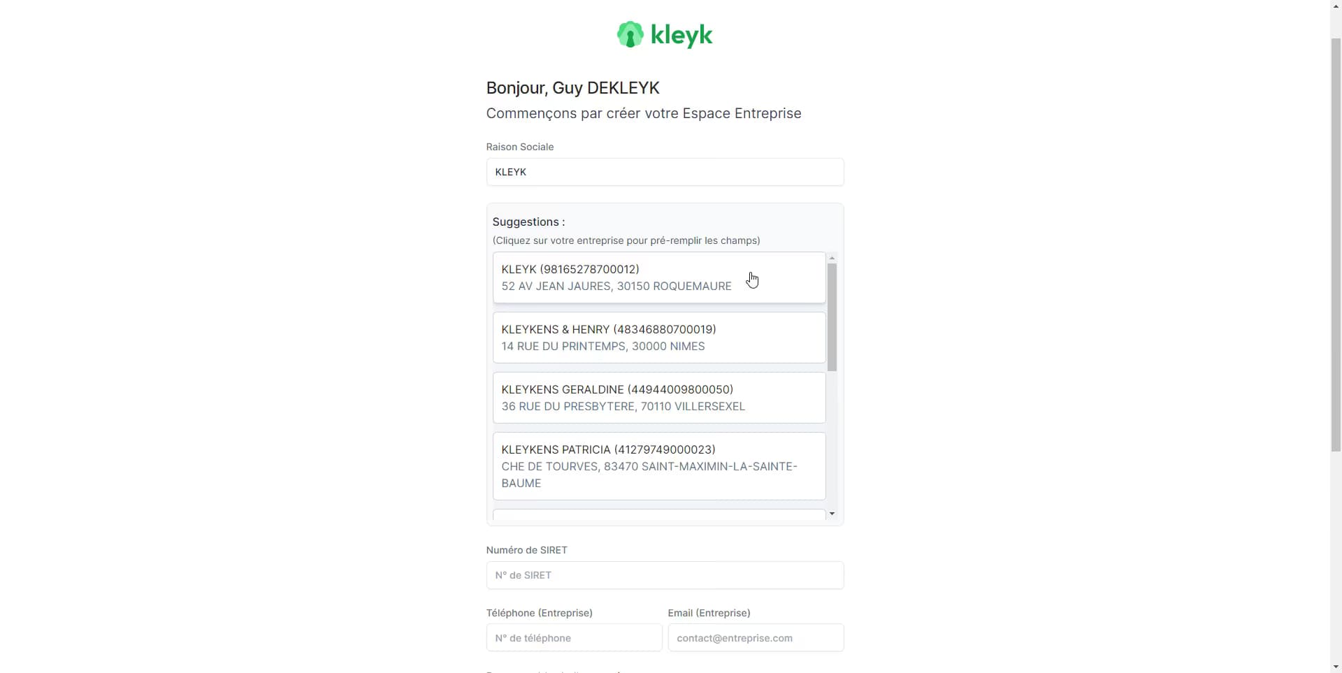 Guide d'inscription Kleyk, étape 5 - Entrer les informations de son entreprise