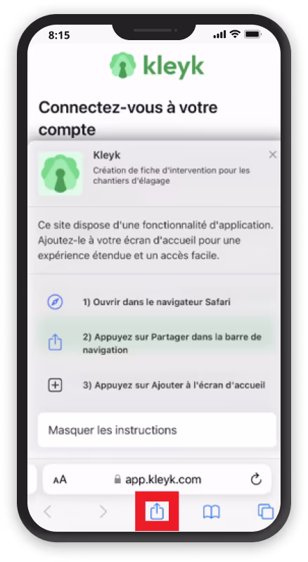 Guide installation Kleyk sur IOS 2 - Appuyer sur l'icône de partage