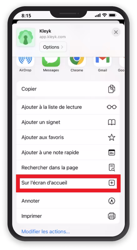 Guide installation Kleyk sur IOS 3 - Ajouter à l'écran d'accueil